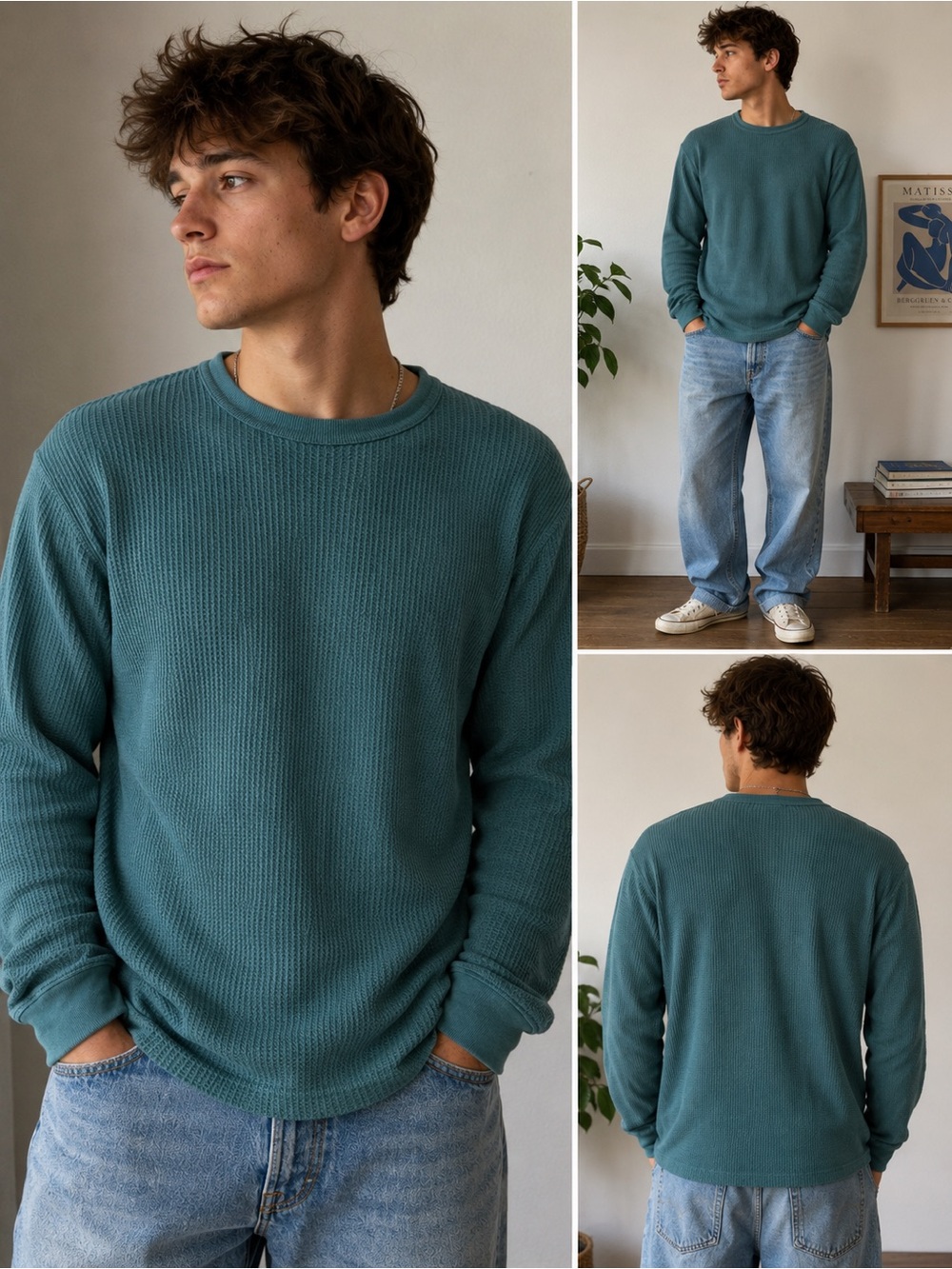 Vintage Cotton Classics USA Waffle Knit Thermal Shirt XL Teal 100% Cotton